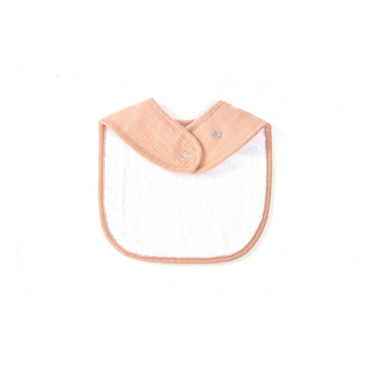 Organic muslin baby bib fastened at the neck showing the snap closure