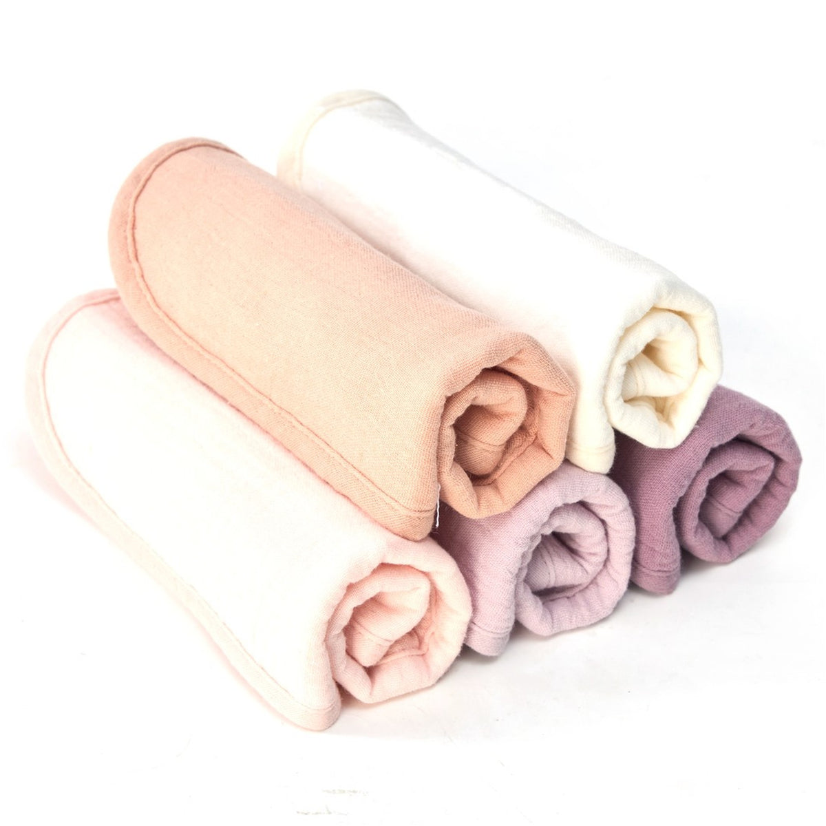 Five organic muslin baby bibs rolled and stacked in Lavender Blush colours