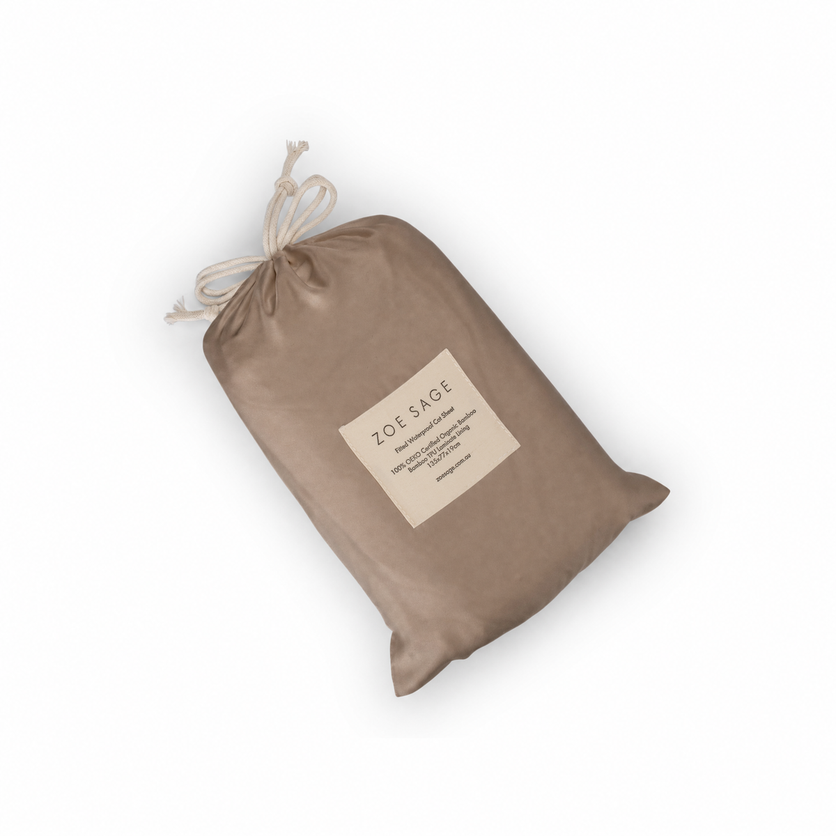 Mocha waterproof fitted cot sheet drawstring bag laid flat, label detail