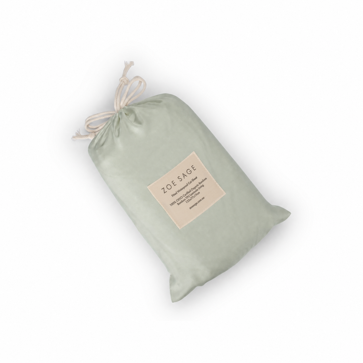 Sage waterproof fitted cot sheet drawstring bag laid flat, label detail
