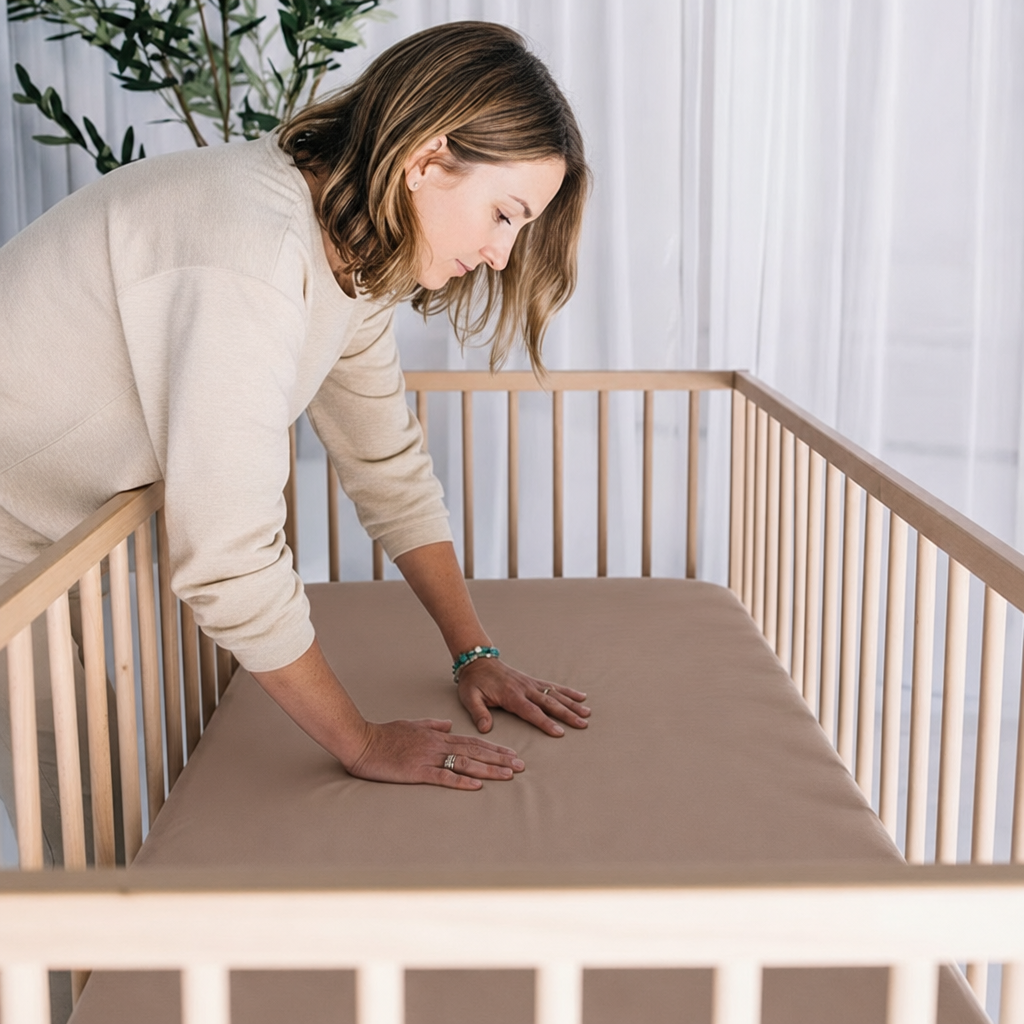 Mocha waterproof fitted cot sheet smoothed over a cot mattress, Zoe Sage bamboo viscose