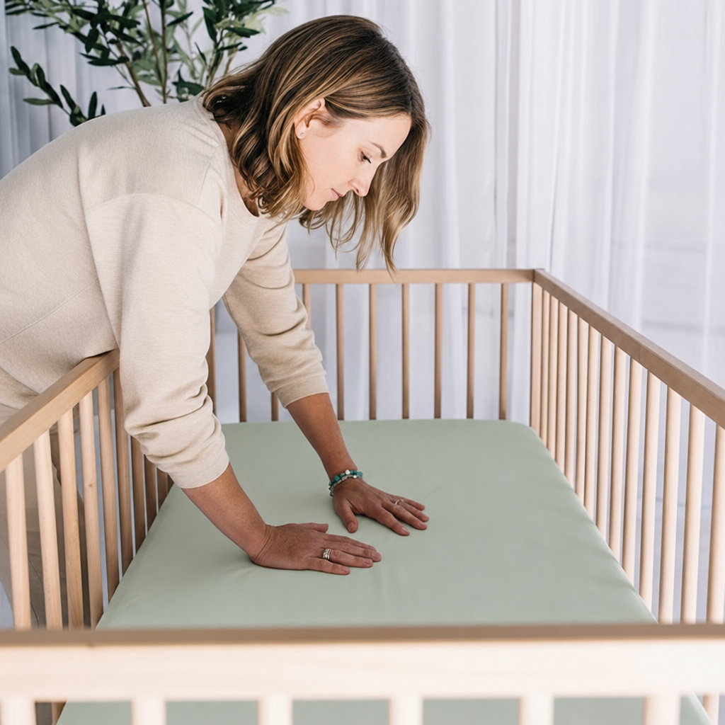 Sage waterproof fitted cot sheet smoothed over a cot mattress, Zoe Sage bamboo viscose